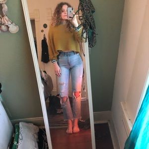 High waisted distressed jeans